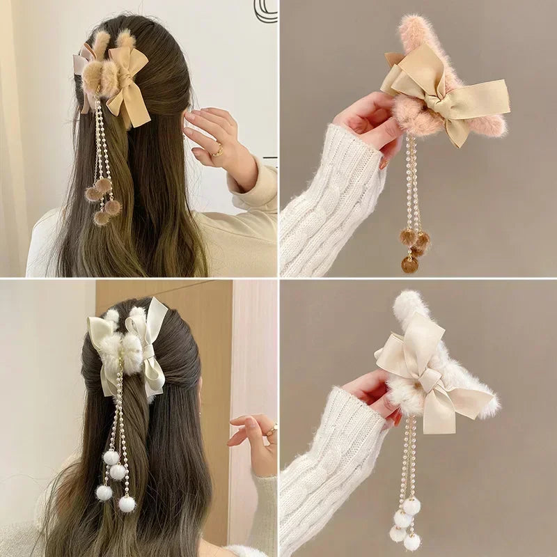 Hnewly cute winter outfits New Fashion Bow Tassel Pendant Hair Clips Korea Ponytail Plush Shark Claw Girls Fall and Winter Gift Hair Accessories