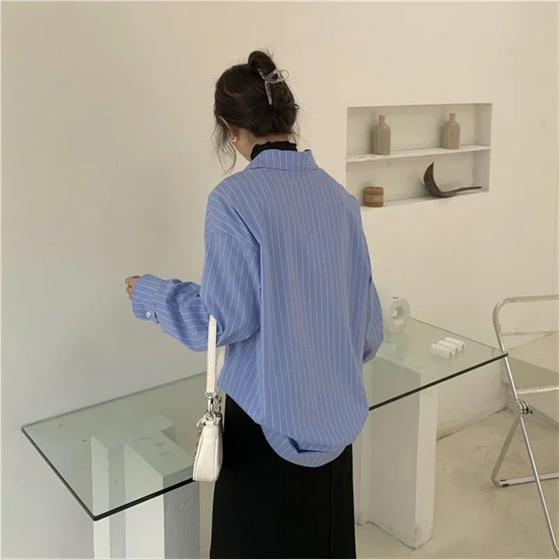 Hnewly Shirts Women Blue Striped Loose Harajuku Long Sleeve Casual Spring Tops Students All-match Fashion Simple Korean Ulzzang Chic BF