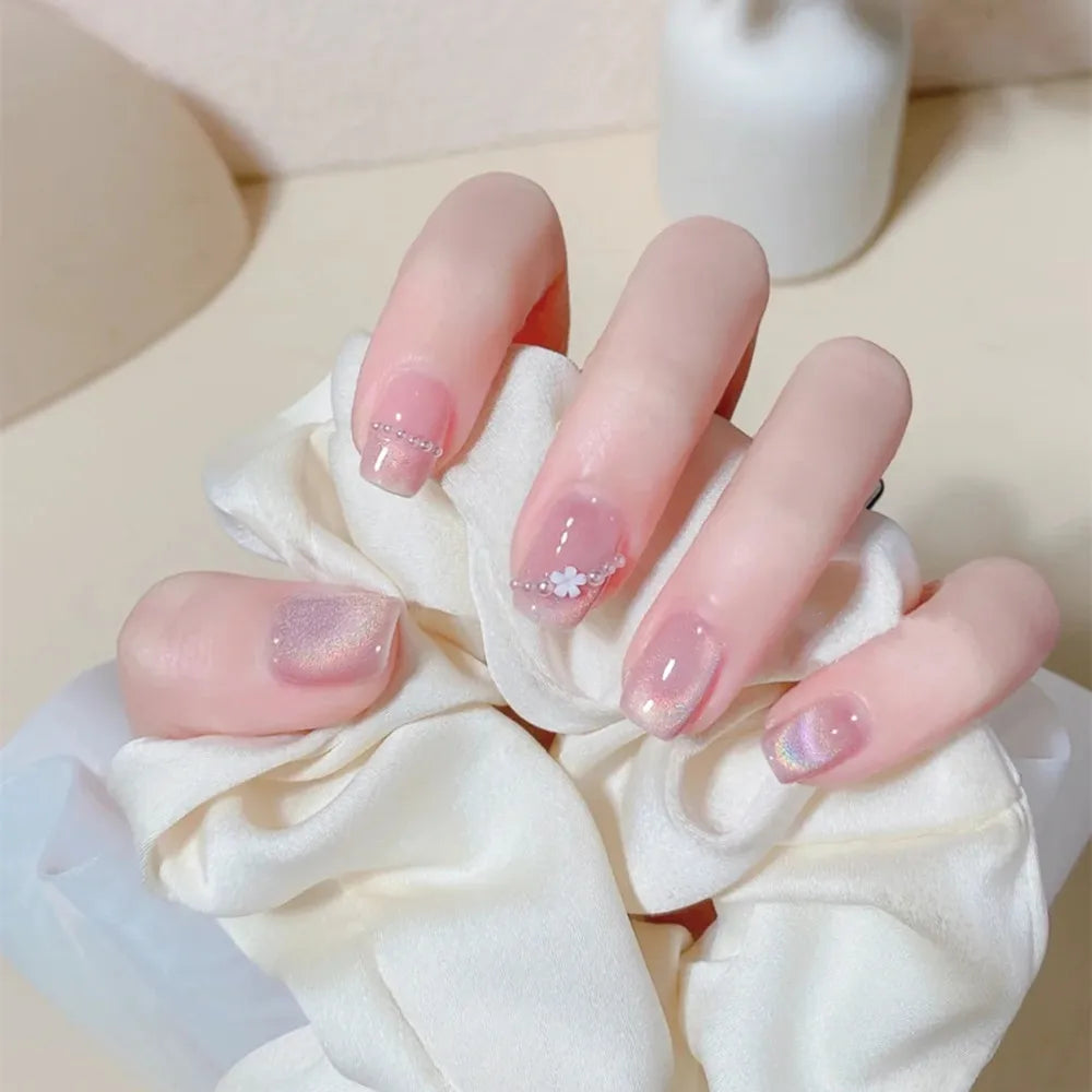 Hnewly Medium Length Fake Nails 3D Flower Pearl Designs Nude Pink Color Press on Nails Ballerina False Nails for Women DIY Manicure