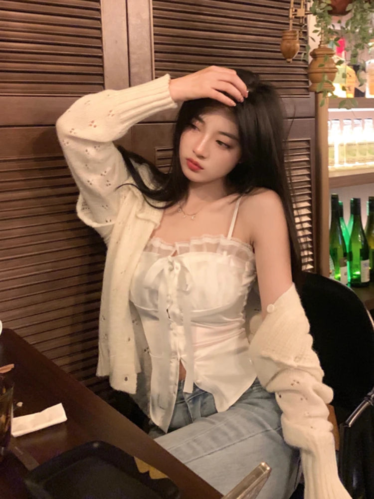 Hnewly Summer Pure Color Lace Camis Blouse Women Casual Party Elegant Sexy Crop Tops Slim Korean Style Fashion Designer Chic Vest