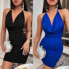 Hnewly DRESS TO IMPRESS Sexy Mini Dress Lace Up Strap Pure Silod Party Club Elegant Y2K Hang Neck Hollow Backless Straples V Neck Elegant Evening Dresse