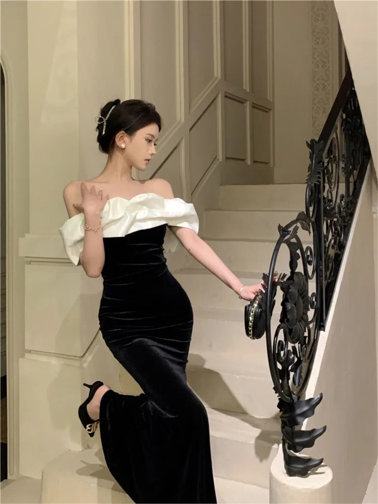 Hnewly DRESS TO IMPRESS Mermaid Dresses Women Sexy Slash Neck Off Shoulder Ruffles Patchwork Elegant Slim Evening Party Dress Female Backless Vintage