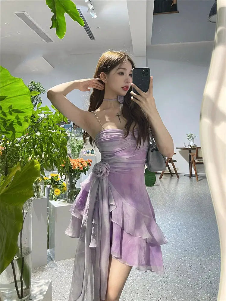 Hnewly DRESS TO IMPRESS Purple Sexy Elegant Mini Dress Women 2024 Summer Irregular Floral Y2k Vintage Strap Dress Female Folds Design Short Party Dress