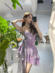 Hnewly DRESS TO IMPRESS Purple Sexy Elegant Mini Dress Women 2024 Summer Irregular Floral Y2k Vintage Strap Dress Female Folds Design Short Party Dress