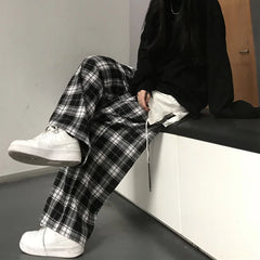 Hnewly Harajuku Black White Plaid Pants Women Oversized Wide Leg Trousers Female Korean Style High Waist Checkered Pants Female