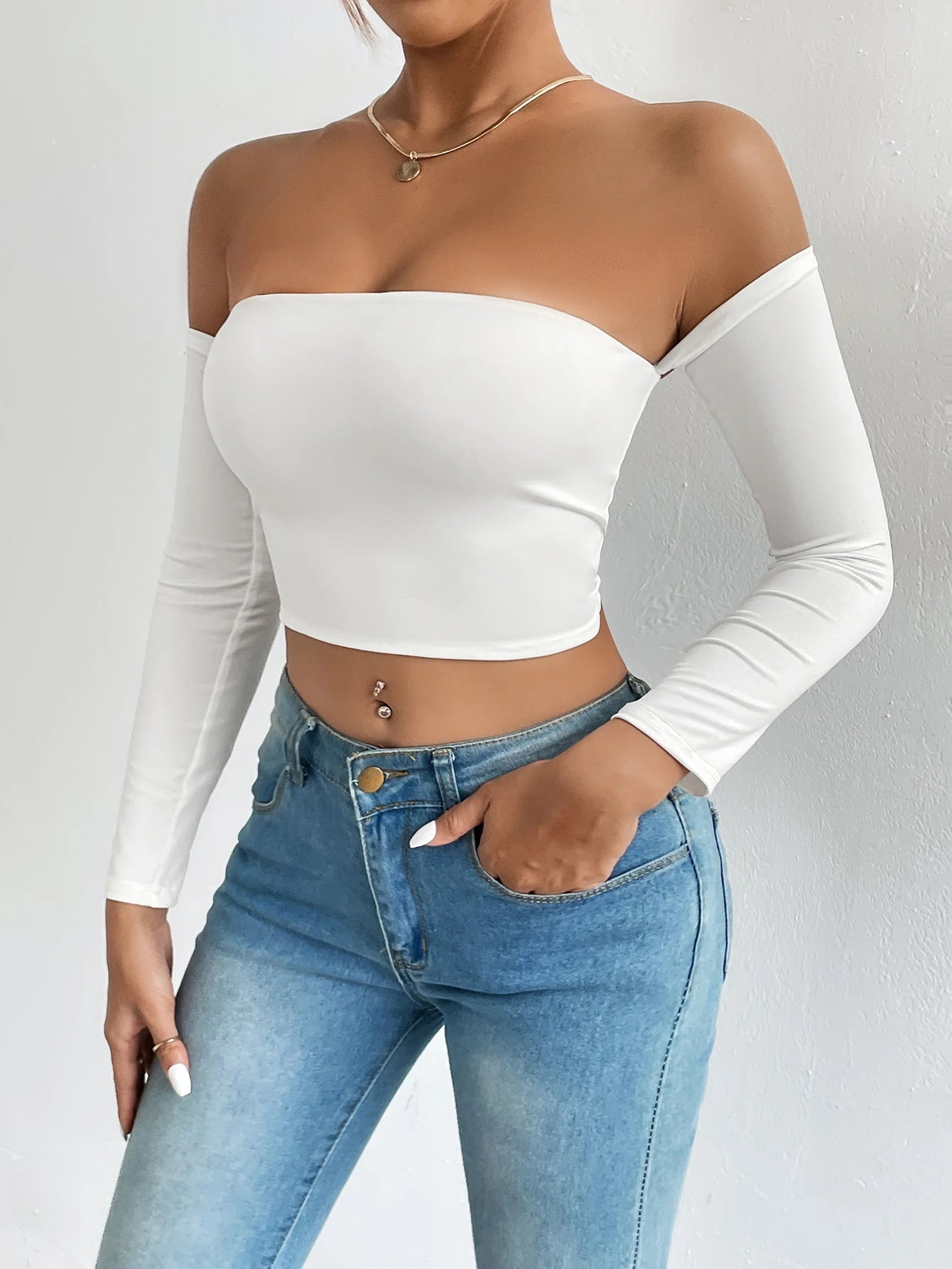 Hnewly Off Shoulder Crop T-Shirt, Casual Long Sleeve Top For Spring & Fall, Women's Clothing