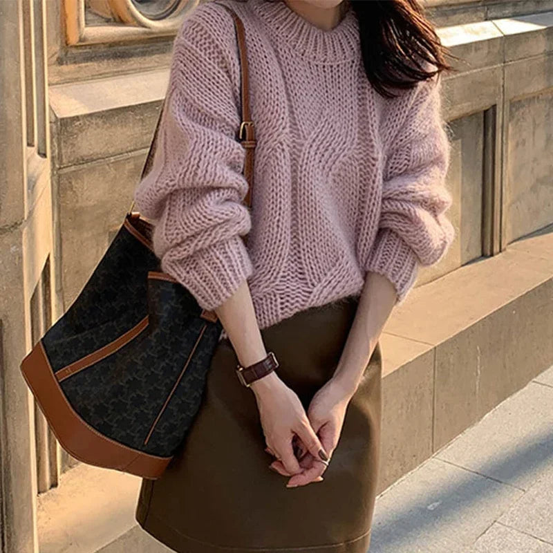 Hnewly Women Sweaters y2k Clothes Solid Color Round Neck Long Sleeve Cable Knitted Pullover Tops 2000s Clothing Streetwear