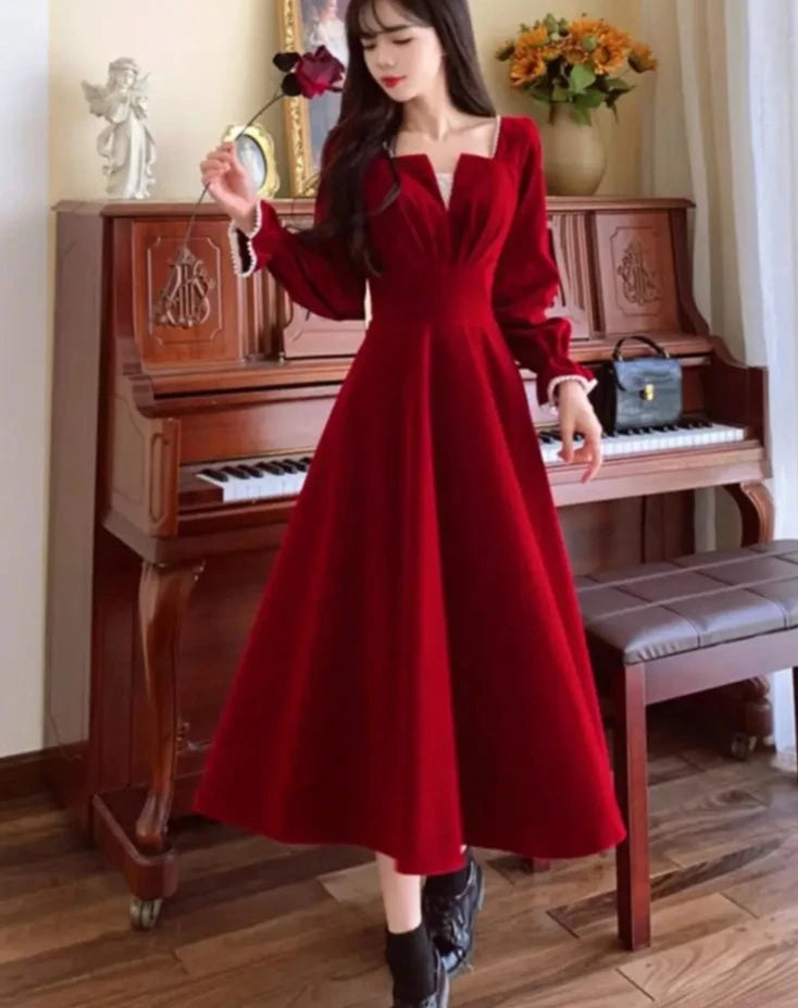 Hnewly DRESS TO IMPRESS Women Vintage A-line Wedding Party Dress Autumn Fashion Elegant Long Sleeve Backless Red Vestidos Female Princess Robe Spring