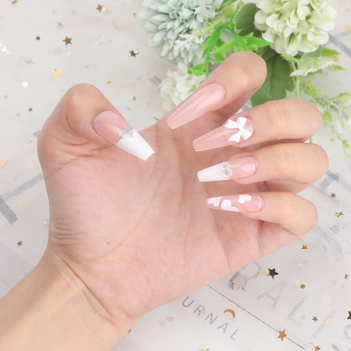 Hnewly Medium Length Fake Nails 3D Flower Pearl Designs Nude Pink Color Press on Nails Ballerina False Nails for Women DIY Manicure