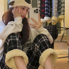 Hnewly warm winter outfits Padded Thickened Wide Leg Pants Winter LambswoolPlaid Pants Female High Waist Casual Straight Pants