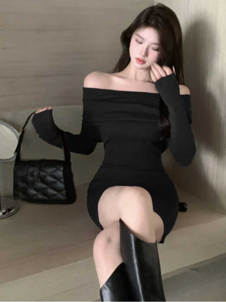 Hnewly Christmas Oufits Sexy Dresses Women Backless Knitting Slim Y2k Girls Tender Korean Style Soft Casual Autumn Slash Neck Hotsweet Cozy New Clubwear