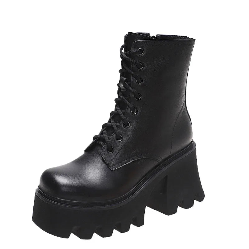 Hnewly Punk Goth Ankle Boots Women Black Chunky Wedge Platform Shoes Woman Lace Autumn Patent Leather Footwear Lady Botas Mujer