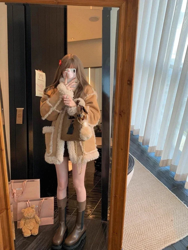 Hnewly Winter Warm Overcoats Women Outwear Casual Y2k Office Lady Vintage Faux Fur Wool Coat Ladies Korean Fashion Khaki Jackets Chic