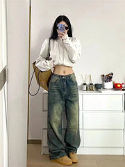 Hnewly BACK TO SCHOOL OUTFIT Autumn Winter New Ladies Baggy Jeans American High Street Wide Leg Women's Jeans Note Embroidery Women Pants High Waist