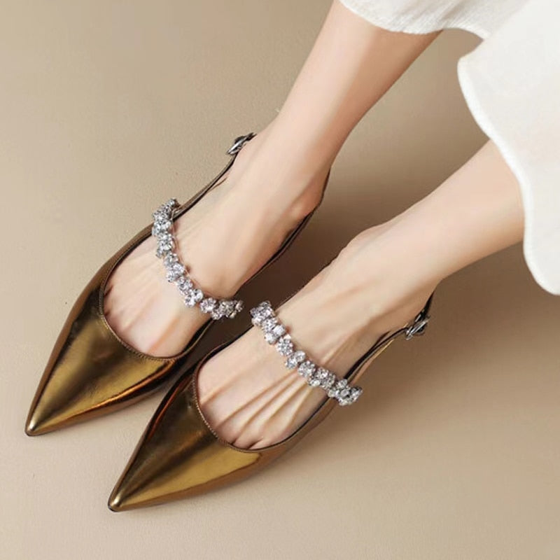 Hnewly Gold Silver Low Heels Sandals Women Summer Shiny Crystal Straps Pointed Toe Sandals Woman Slingbacks Pumps Ladies Shoes