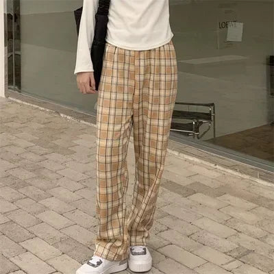 Hnewly Fashion Warm Plush Pants Cashmere Thick Plaid Ladies Winter Casual Loose Wide-legged Pants Korean Streetwear Students