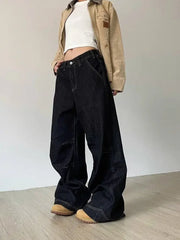 Hnewly Grunge Black Jeans Women Y2k Vintage Oversized High Street Wide Cargo Denim Trousers Casual Baggy Straight Denim Pants