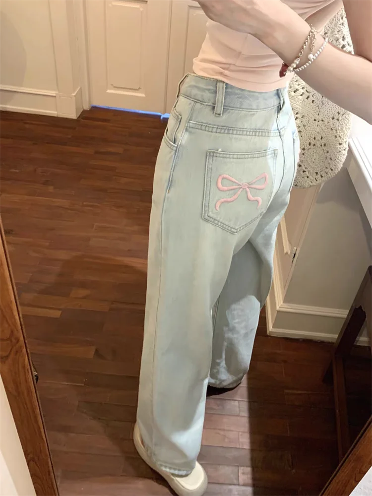 Women's Pink Bow Embroidered Light Blue Jeans Young Girl Street Straight Bottoms Vintage Casual Trousers Female Wide Leg Pants