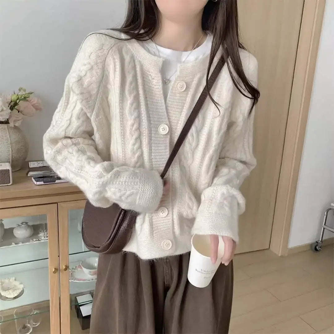 Hnewly Korean Fashion Cropped Cardigan Women Vintage Twisted Knitted Sweater Casual Basic Solid Long Sleeve Tops Autumn Winter