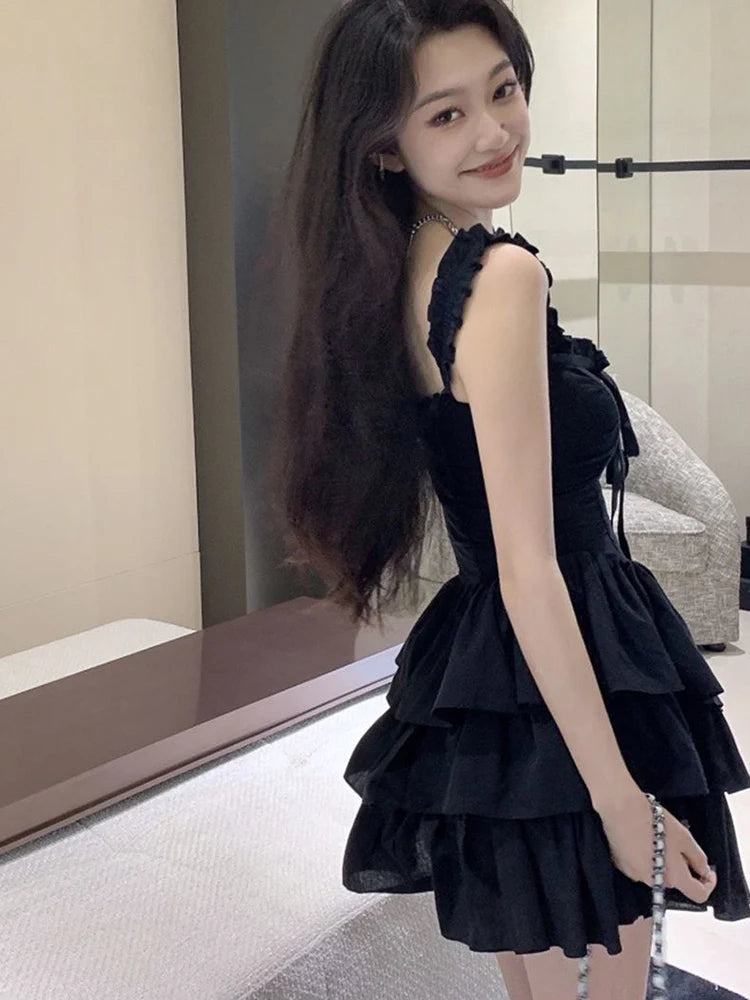 Hnewly Sexy Slip Lolita Style Black Dress Women Vintage Sleeveless Y2K Mini Dress Summer Slim Sweet Korean Lace Up Cake Dress New