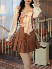 Hnewly DRESS TO IMPRESS Korean Style Fairy Two Piece Set Women France Vintage Blouse + Bandage Mini Skirt Female Sweet Elegant Party Mini Skirt Set