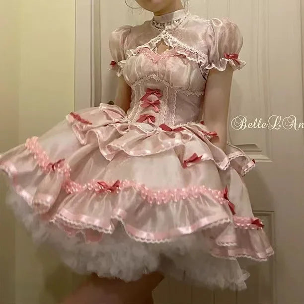 Hnewly Sweet Lolita Princess Dress Women Sweet Bow Ruffles Evening Party Mini Dress Japanese Harajuku Retro Kawaii Y2k Vestidos