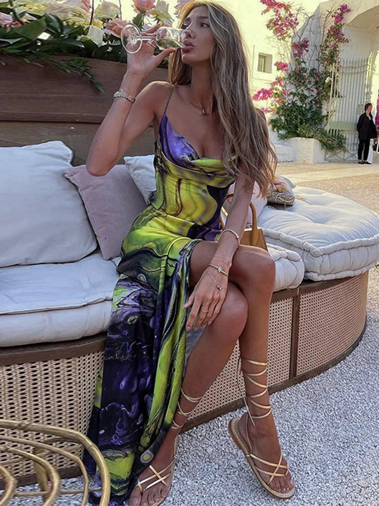 Hnewly Sexy Y2K Clothes Tie Dye Print  Backless Side Slit Bodycon Maxi Dress For Women Outfits Club Party