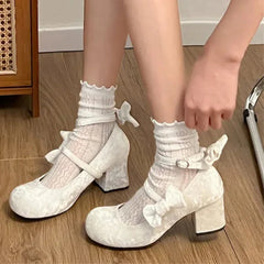 Hnewly High heeled Mary Jane shoes Women New French Velvet Thick Heel Pumps Female Square Heel Single Shoes White Party Sandals