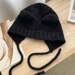 Hnewly Cute Girl Knit Ear Protection Hat Bear Women Earmuffs Cap Woolen Crochet Bonnet Solid Color Hood Beanies Winter Warm Headgear