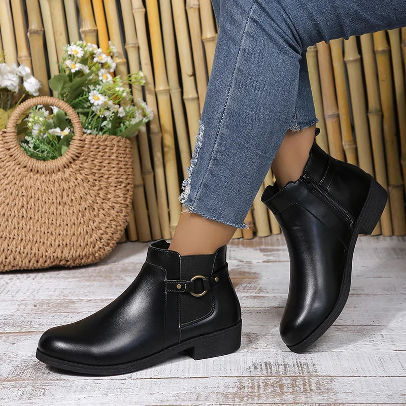 Hnewly Pu Leather Classics Black Thick Heel Ankle Boots Metal Zipper Low Platform Woman Shoes Winter Round Toe Slip On Short Boots