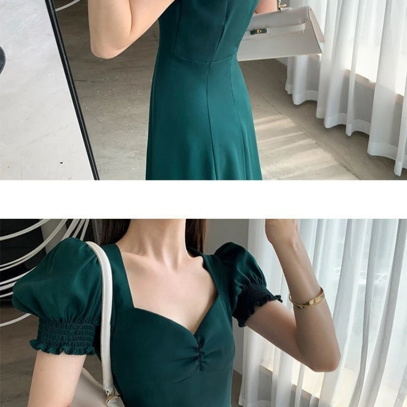 Hnewly Solid Puff Short-Sleeved Elegant Dress Women Clothing Wedding Guest New Year Women Fashion High Waist Slim Evening Party Dresses