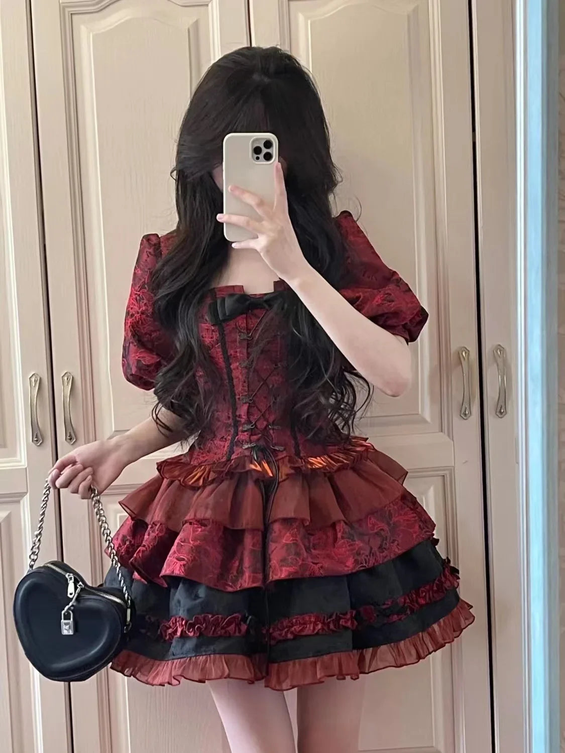 Hnewly DRESS TO IMPRESS Women's Victorian Gothic Lolita Lace Bow Slim Bandage Princess Dress, Japanese Harajuku Punk Style, Evening Party Red Dresses