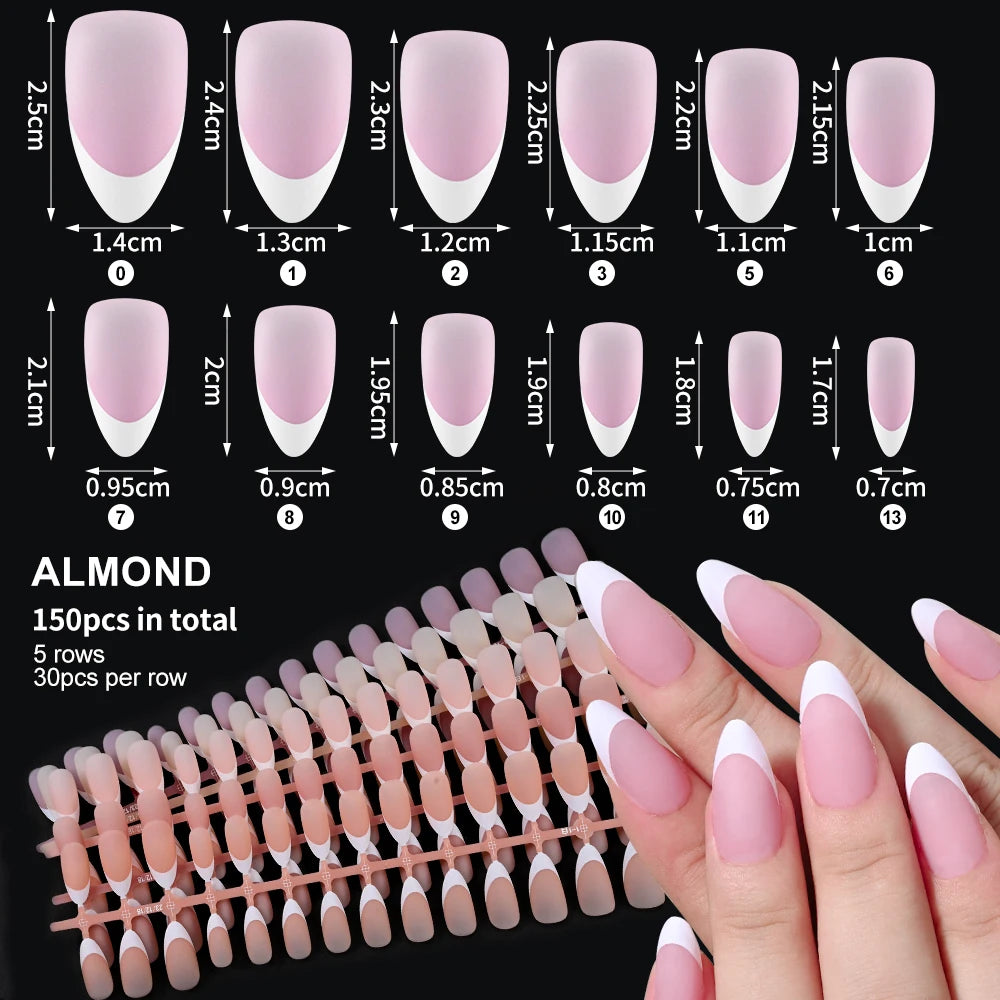 Hnewly 150Pcs Pre-made French False Nails Scarless Coffin Almond Fake Nail Artificial Fingernails Press on Nails for Nail Extension