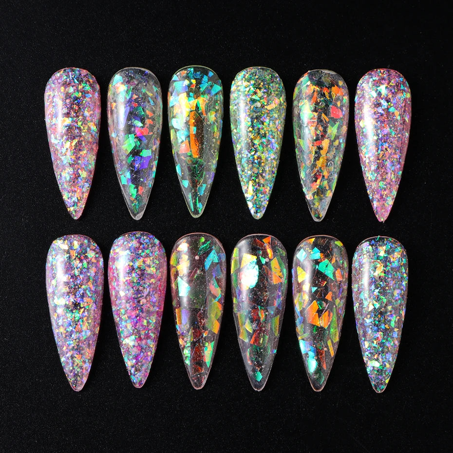 Hnewly 12 Grids Aurora Chameleon Nail Glitter Flakes Irregular Crystal Glass Sequins Powder Shiny Mermaid Paillette Nail Art Decoration