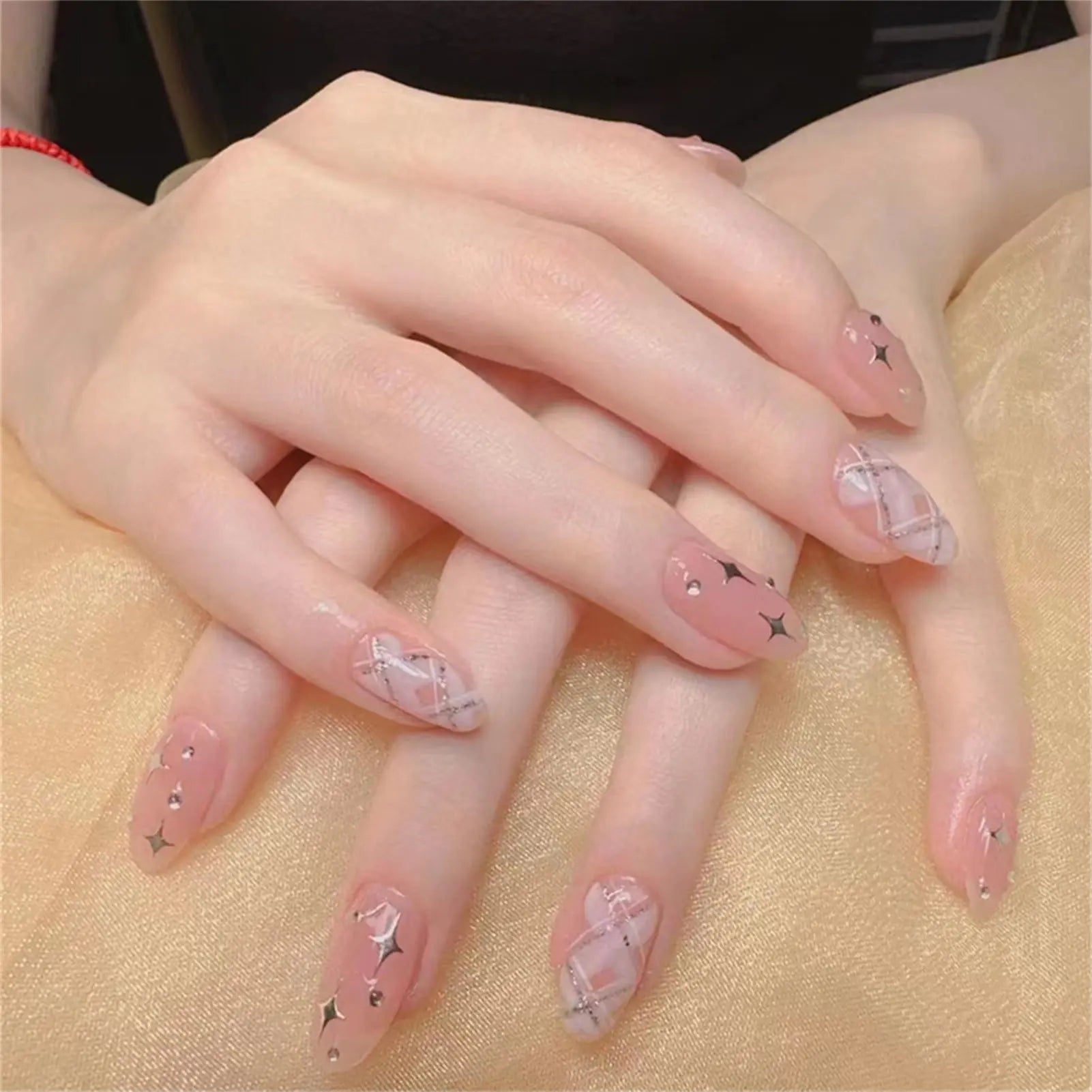 Hnewly Medium Length Fake Nails 3D Flower Pearl Designs Nude Pink Color Press on Nails Ballerina False Nails for Women DIY Manicure