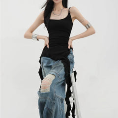 Hnewly Sexy Tank Top Asymmetrical Black Y2k Women Ruffle Grunge Backless Coquette Fashion Streetwear Tops Solid Aesthetics