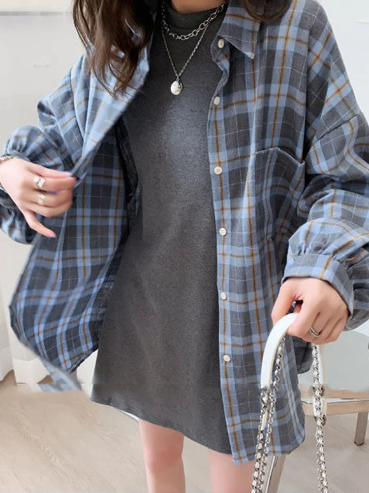 Hnewly Fashion Plaid Women Shirt Fashion Korean Oversize Tops Harajuku Daily All-match Long Sleeve Chic Female Yellow Shirts New