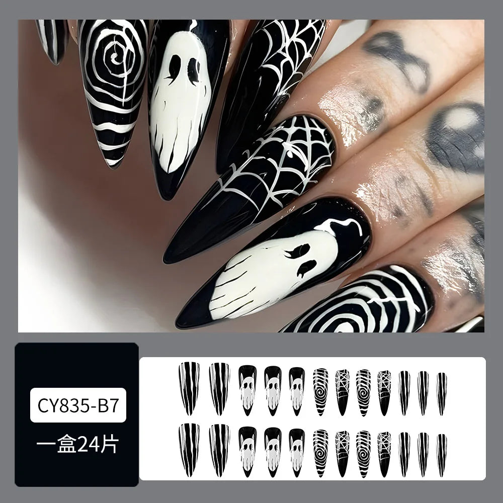 Hnewly Halloween Nails 24pcs Black Cool False Nails with Ghost Spider Web Pattern Decor Almond Fake Nail Tips Wearable Halloween Party Press on Nails