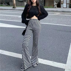 Hnewly Green Plaid Ladies Bell Pants Checked Korean Flared Trousers for Women Vintage Flare Leggings Leg Slit Fluid Elasticity Sexy Hot