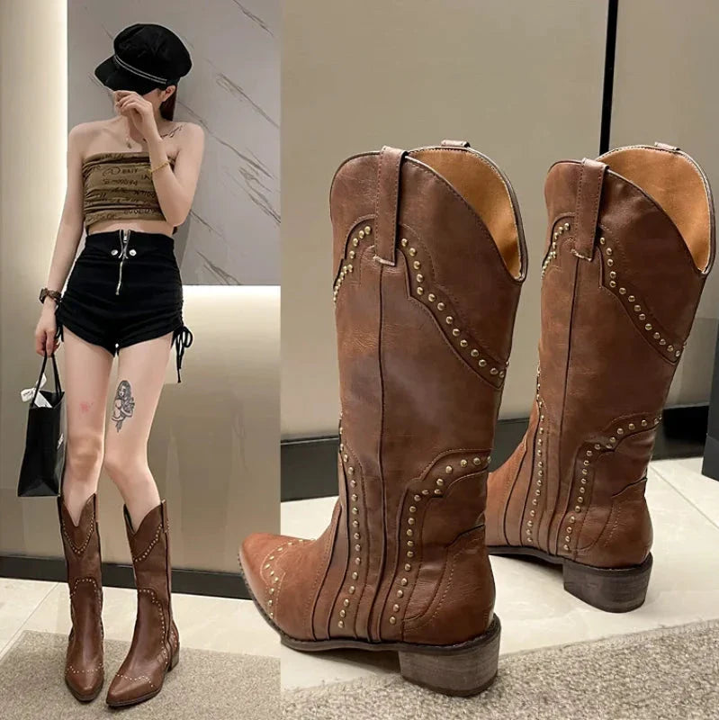 Hnewly Studded Boots Women Low Heel Cowboy Chelsea Western Short Leather Knee High Luxury Designer Gothic New Rock Shoes Vintage