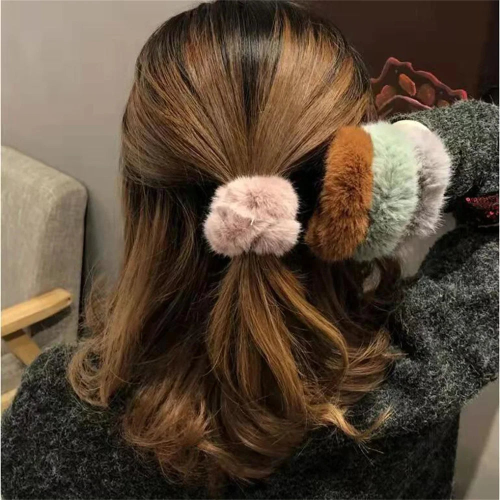 Hnewly Winter Fluffy Fur Elastic Hair Bands Hair Rings For Women Girls Plush Hair Ropes Hairwear Rubber Band Hair Loop Hair Accessories