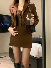 Hnewly Elegant Fashion Long Sleeve Coat Women+ Sexy Slim Fit Camisole Tops+ Y2k High Waist Bodycon Skirts Sping New Three Piece Sets