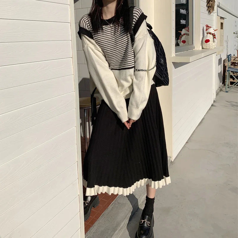 Hnewly DRESS TO IMPRESS Japanese Vintage Knitted Skirt Women Black Patchwork Party Korean Y2k Skirt Female 2021 Winter Casual High Street Gothic Clothes