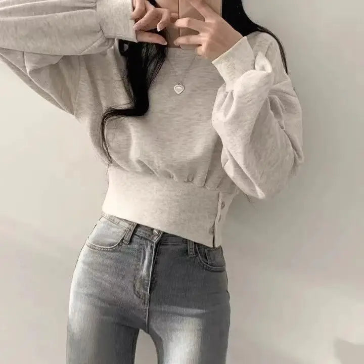 Hnewly Korean Chic Autumn Round Neck Buckle Waist Slimming Long Sleeve Short Pullover Women Hoodie Top Gray Sweatshirt Women Clothing