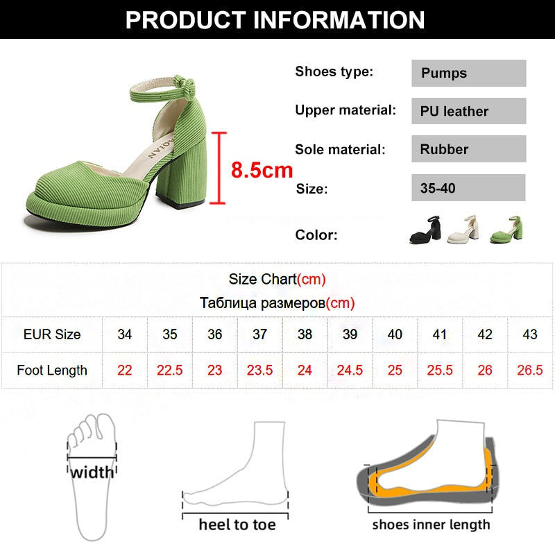 Hnewly Green Ankle Strap Platform Pumps Women Corduroy High Heels Mary Jane Shoes Woman Elegant Chunky Heeled Party Dress Shoes