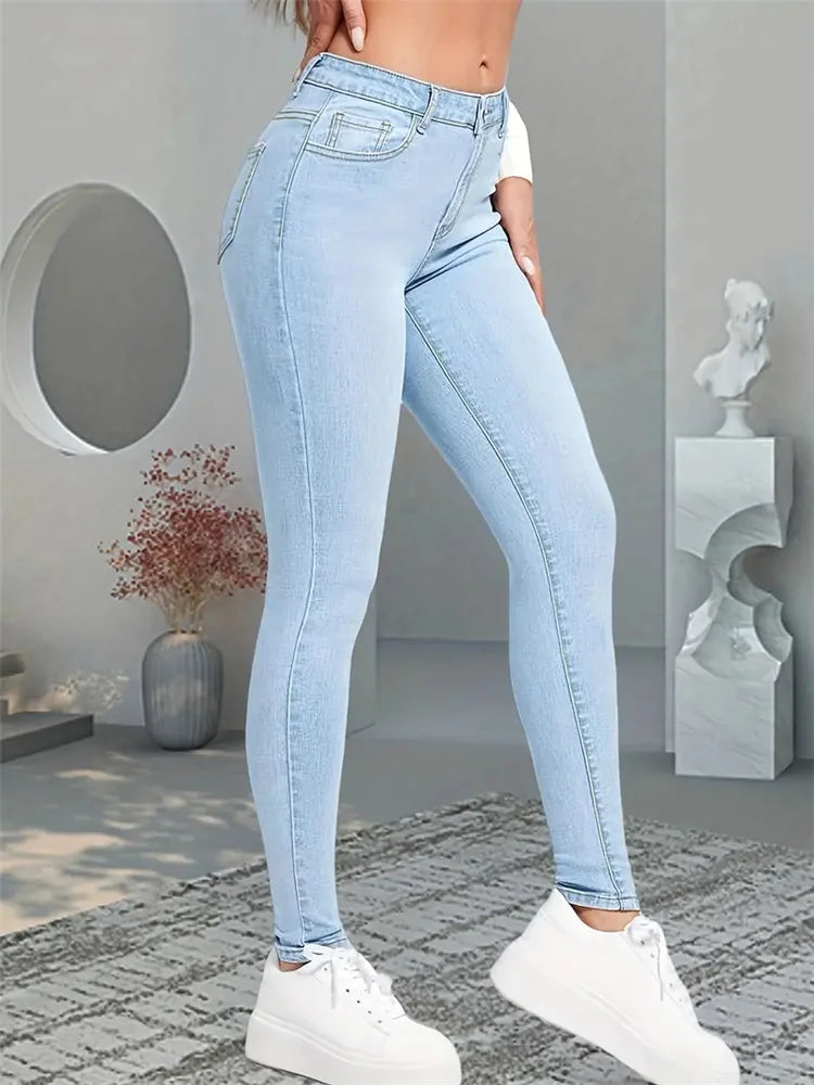 Hnewly 2024 Women Stretch Skinny Jeans Lady Slim Fit Pencil Jeans Girls Leggings Straight Leg Pants Light Blue Gray Black Sexy Trousers