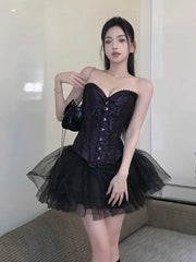 Hnewly DRESS TO IMPRESS Overbust Corset Tulle Tutu Women 2-piece Set Hooks & Eyes Boned Lace-up Textured Tube Top Puffy Miniskirt Goth Outfits