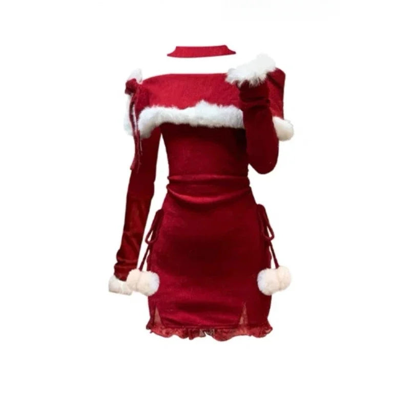 Hnewly Christmas New Years Bodycon Knitted Mini Dress Women Casual Long Sleeve Sweet Elegant Even Party One Piece Dress Korean Fur