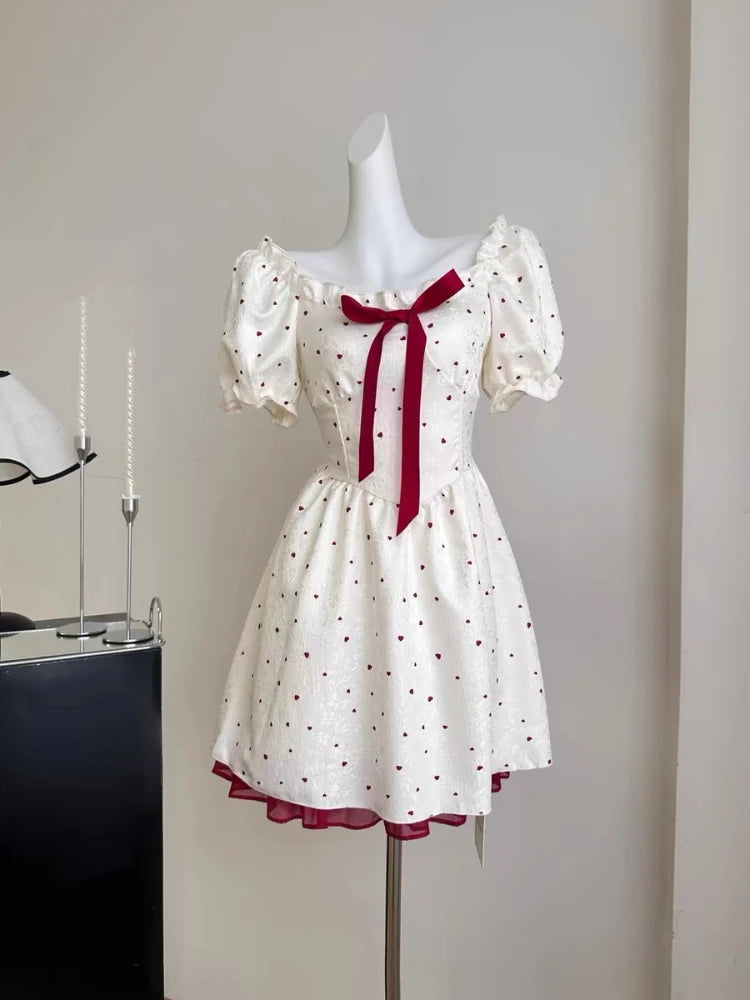 Hnewly DRESS TO IMPRESS Summer New Sweet Mini Dresse French Square Collar Princess Bow Short Sleeve Dress Women Elegant Party Vintage Dresses Vestidos