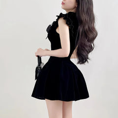 Hnewly DRESS TO IMPRESS  Elegant Velvet Black Mini Dresses Sleeveless A-line Korean Fashion Birthday Party Coquette Sexy Ballroom Dress Women